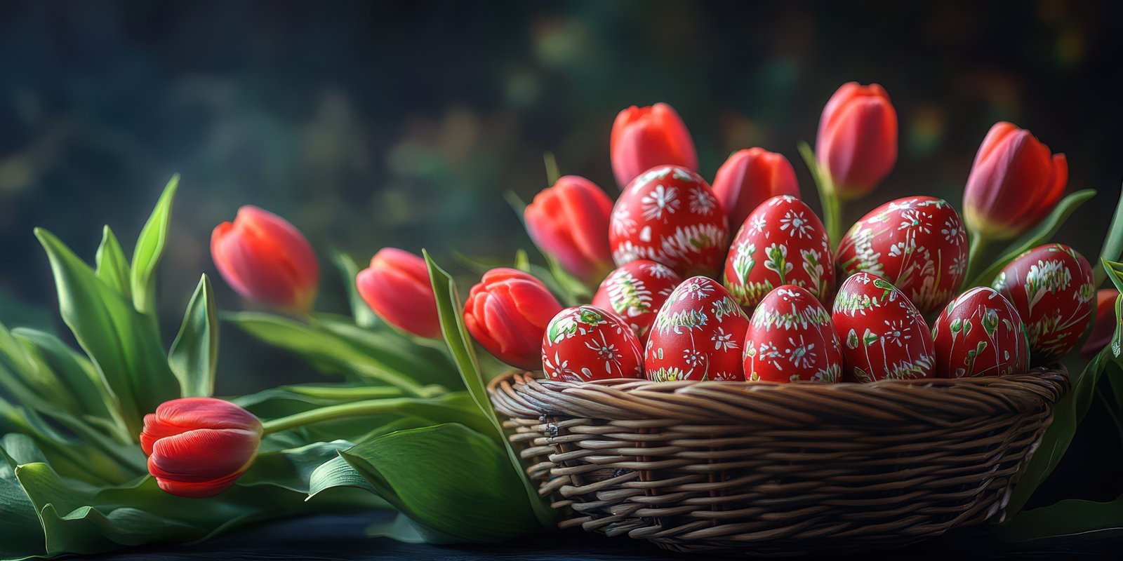 Colorful decorated eggs and fresh tulips arranged beautifully in a wicker basket for spring celebration